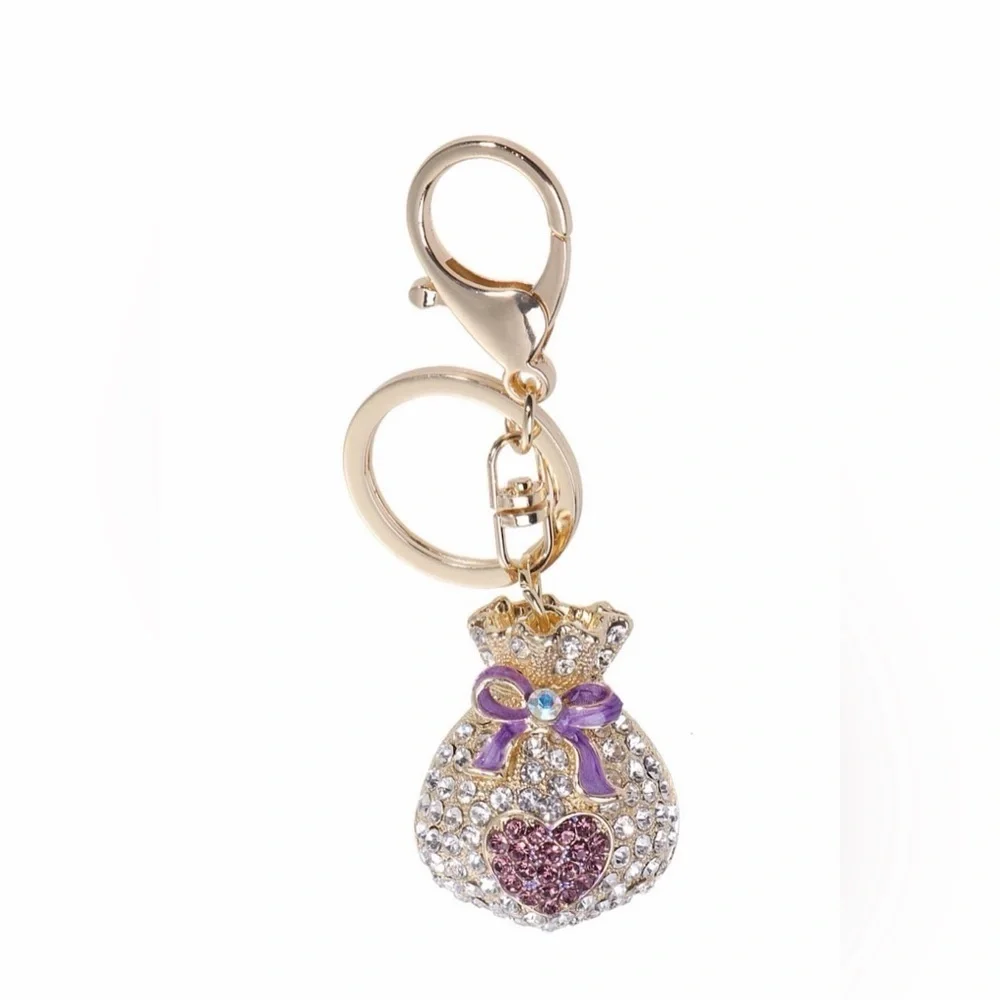 Rhinestone Money Bag Keychain Purse Charm Purple Heart Gold Tone